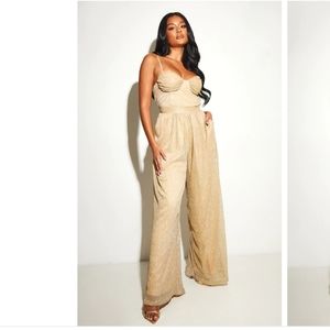 PLT Pretty Little Thing Gold Glitter Plisse Cup Detail Wide Leg Jumpsuit